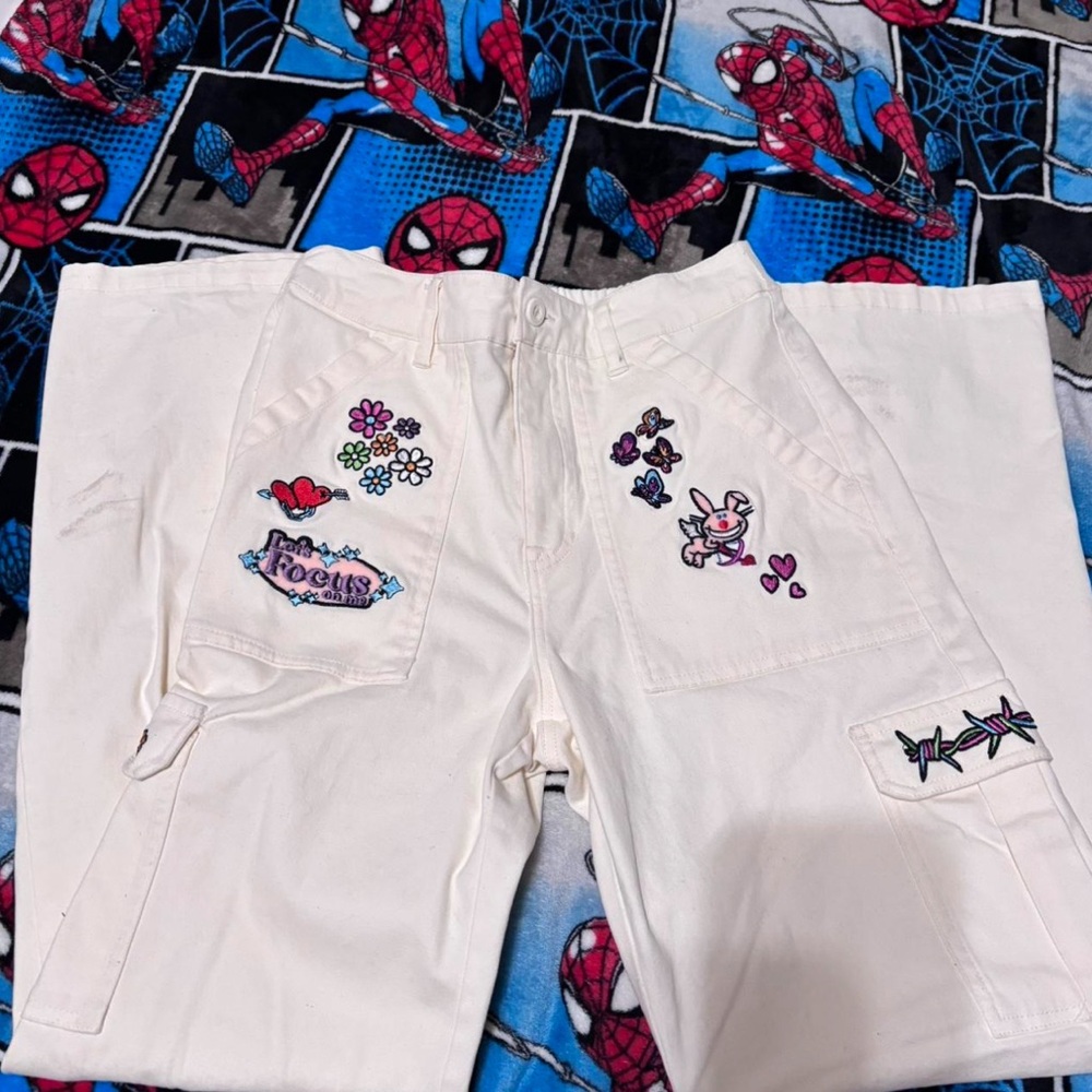 White Cargo Pants with Embroidered Designs
